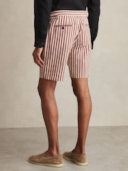 Reiss Off White/Mocha Roas Cotton Blend Seersucker Stripe Shorts - Image 6 of 7