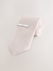 Neutral Herringbone Tie with Mother of Pearl Tie Clip - Image 1 of 3