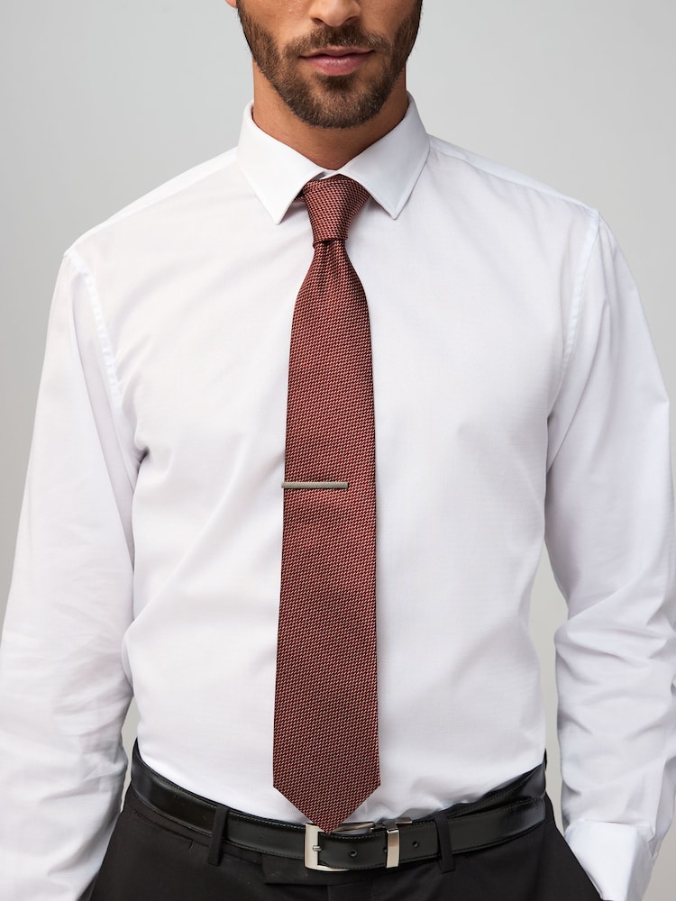 Orange Textured Tie with Tie Clip - Image 2 of 5
