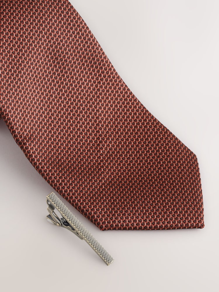 Orange Textured Tie with Tie Clip - Image 4 of 5