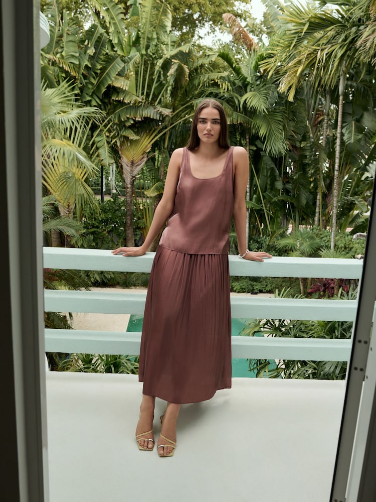 Pink Glossy Satin Metallic Midi Skirt - Image 1 of 8