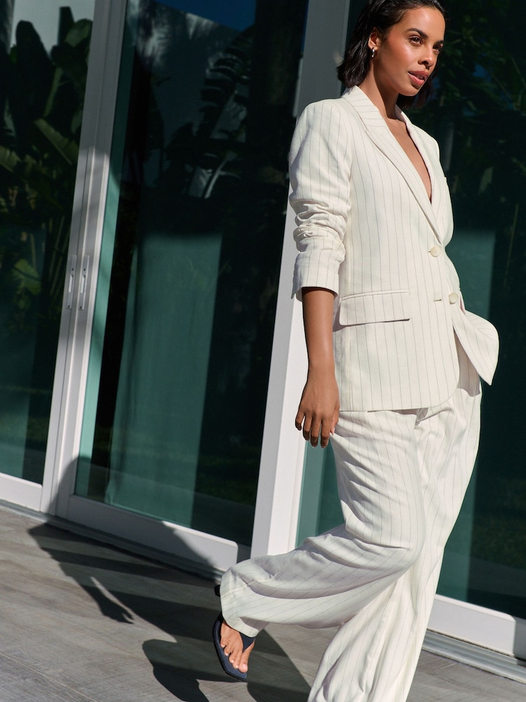 Black & White Striped Single Breasted Blazer with Linen - Image 1 of 8