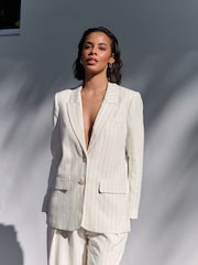 Black & White Striped Single Breasted Blazer with Linen - Image 2 of 8