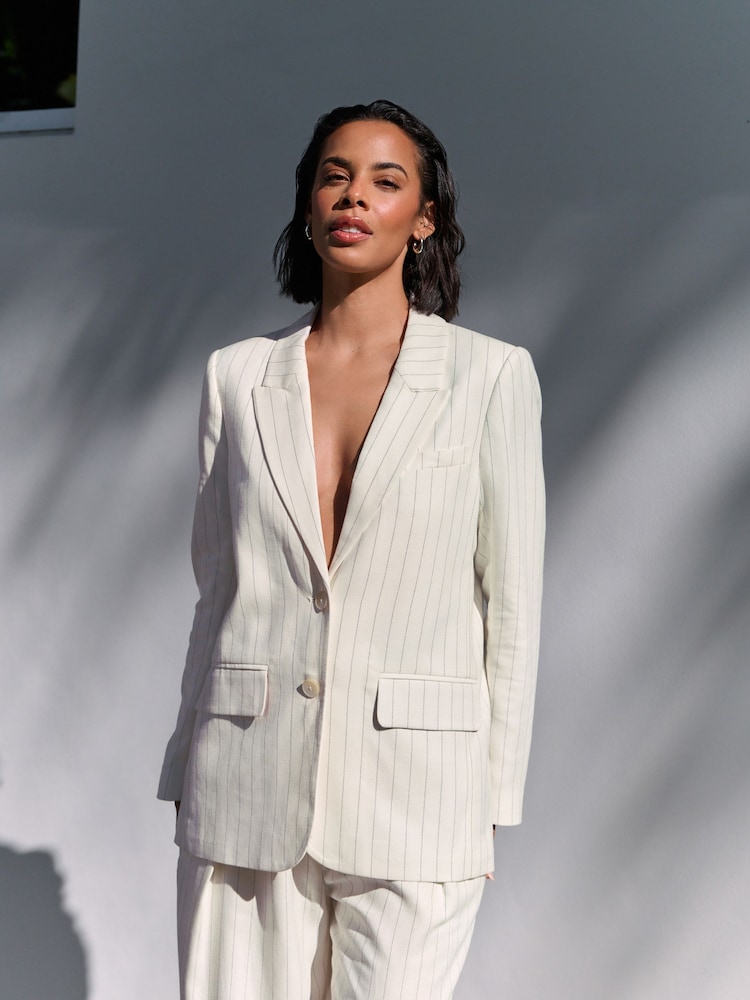 Black & White Striped Single Breasted Blazer with Linen - Image 2 of 8