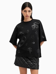 AllSaints Black Amelie Embroidered Rose 100% Organic Cotton T-Shirt - Image 1 of 6