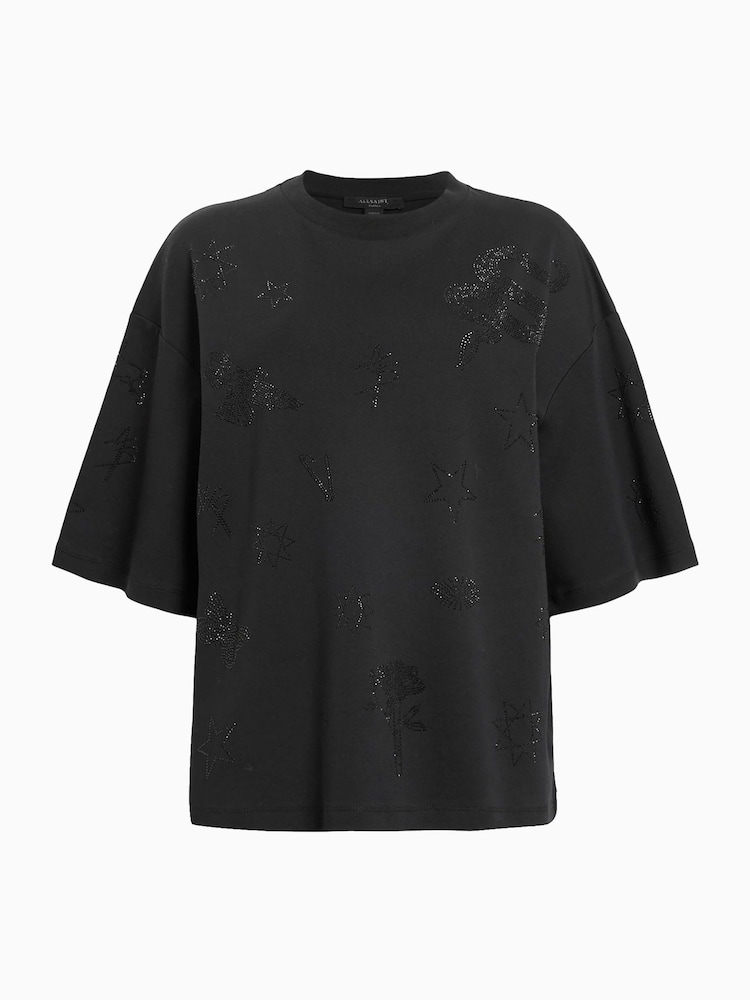 AllSaints Black Amelie Embroidered Rose 100% Organic Cotton T-Shirt - Image 6 of 6