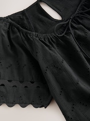 Black Broderie Boho Short Sleeve Ric Rac Top - Image 5 of 6