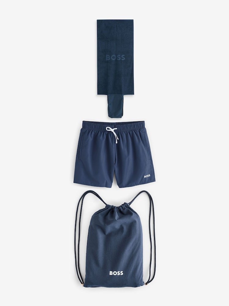 BOSS Navy Swim Shorts, Bag, Towel Beach Gift Set - Image 1 of 1 BOSS Navy Swim Shorts, Bag, Towel Beach Gift Set - Image 1 of 1