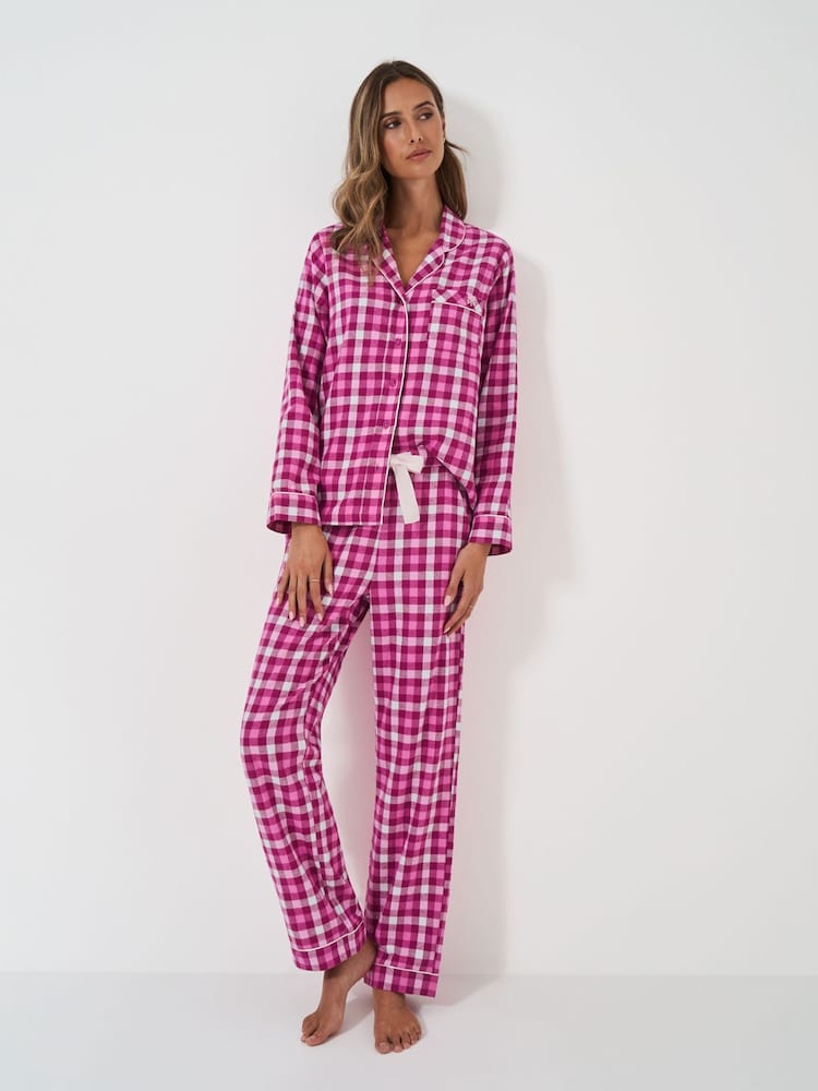 Crew Clothing Pink Long Flannel 100% Cotton Pyjamas Set - Image 1 of 5