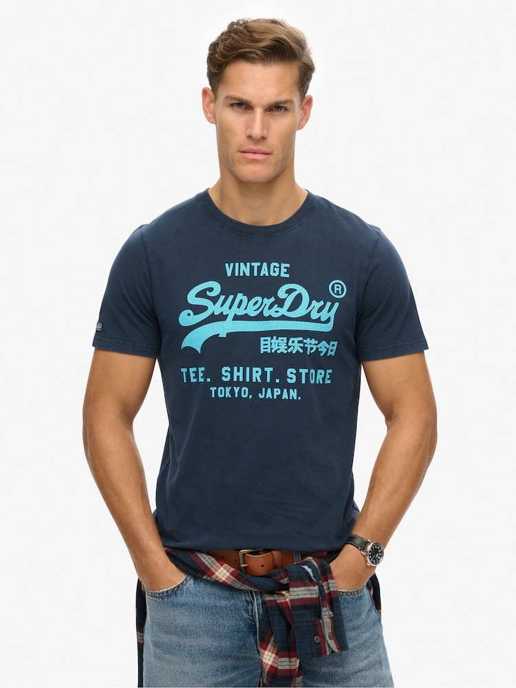 Superdry Blue Neon Vintage Logo Graphic T-Shirt - Image 1 of 4