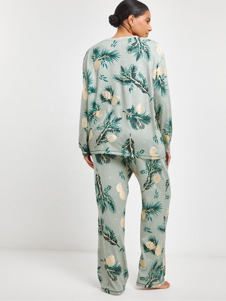JD Williams Green Pineapple & Palm Gold Foil Print Pretty Secrets Supersoft Twosie Pyjamas - Image 2 of 4