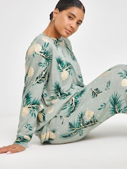 JD Williams Green Pineapple & Palm Gold Foil Print Pretty Secrets Supersoft Twosie Pyjamas - Image 3 of 4