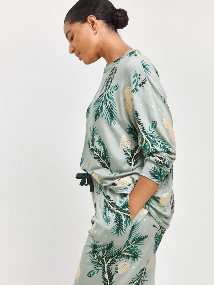 JD Williams Green Pineapple & Palm Gold Foil Print Pretty Secrets Supersoft Twosie Pyjamas - Image 4 of 4
