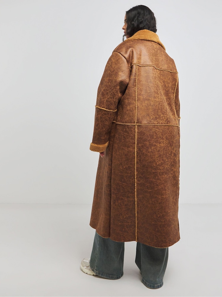Simply Be Brown Maxi Bonded Aviator Coat - Image 2 of 4