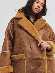 Simply Be Brown Maxi Bonded Aviator Coat - Image 3 of 4