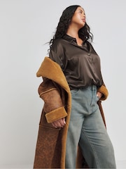 Simply Be Brown Maxi Bonded Aviator Coat - Image 4 of 4
