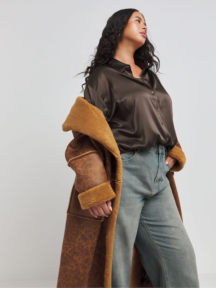 Simply Be Brown Maxi Bonded Aviator Coat - Image 4 of 4