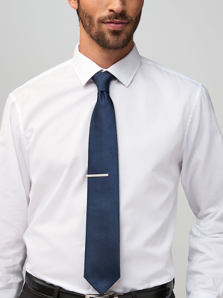 Navy Textured Tie with Tie Clip - Image 2 of 5