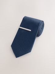 Navy Textured Tie with Tie Clip - Image 3 of 5