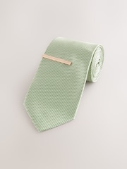 Sage Green Textured Tie with Tie Clip - Image 4 of 6