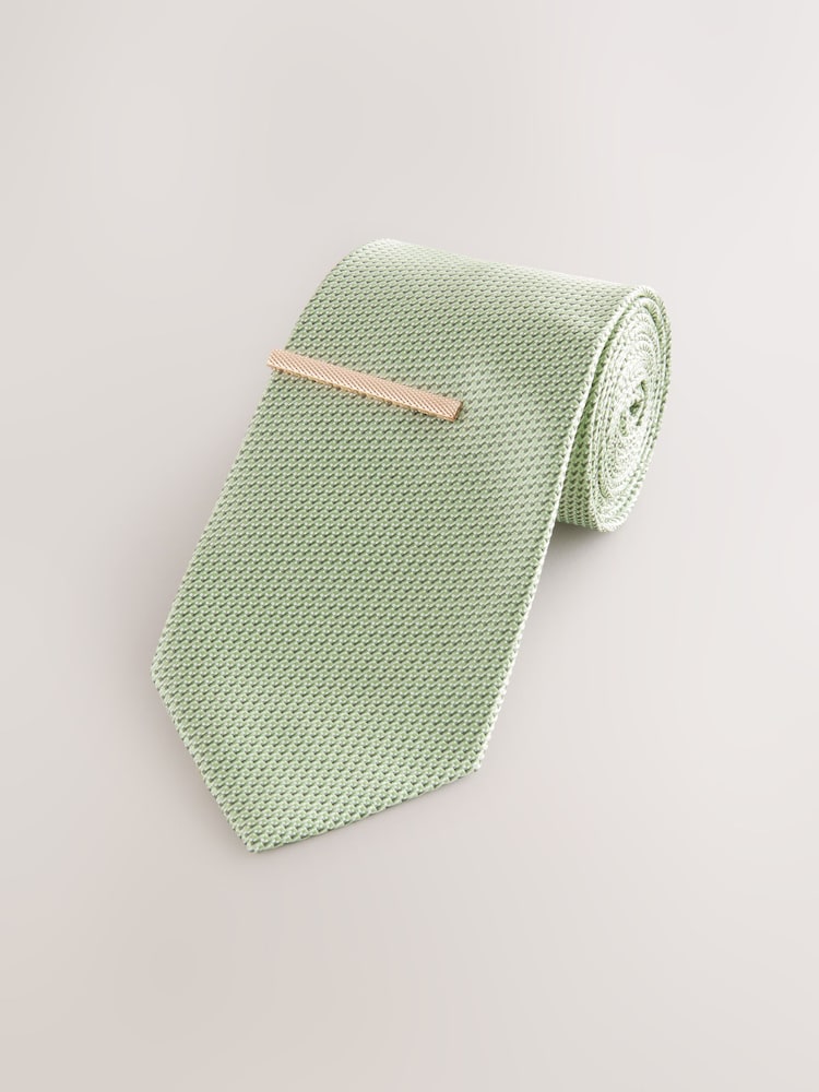 Sage Green Textured Tie with Tie Clip - Image 4 of 6