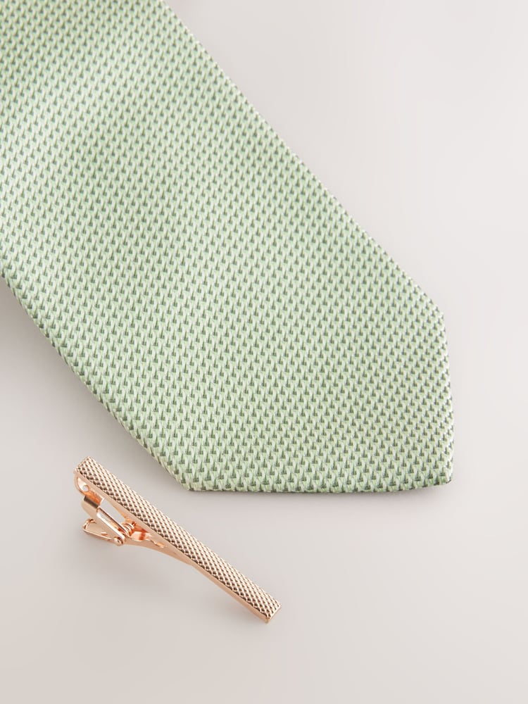 Sage Green Textured Tie with Tie Clip - Image 6 of 6