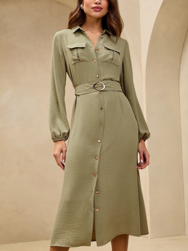 Lipsy Khaki Green Midi Long Sleeve Button Through Shirt Dress - Image 2 of 4 Lipsy Khaki Green Midi Long Sleeve Button Through Shirt Dress - Image 2 of 4