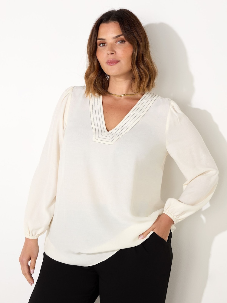 Live Unlimited White Curve V-Neck Contrast Stitch Blouse - Image 1 of 4