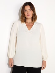 Live Unlimited White Curve V-Neck Contrast Stitch Blouse - Image 2 of 4