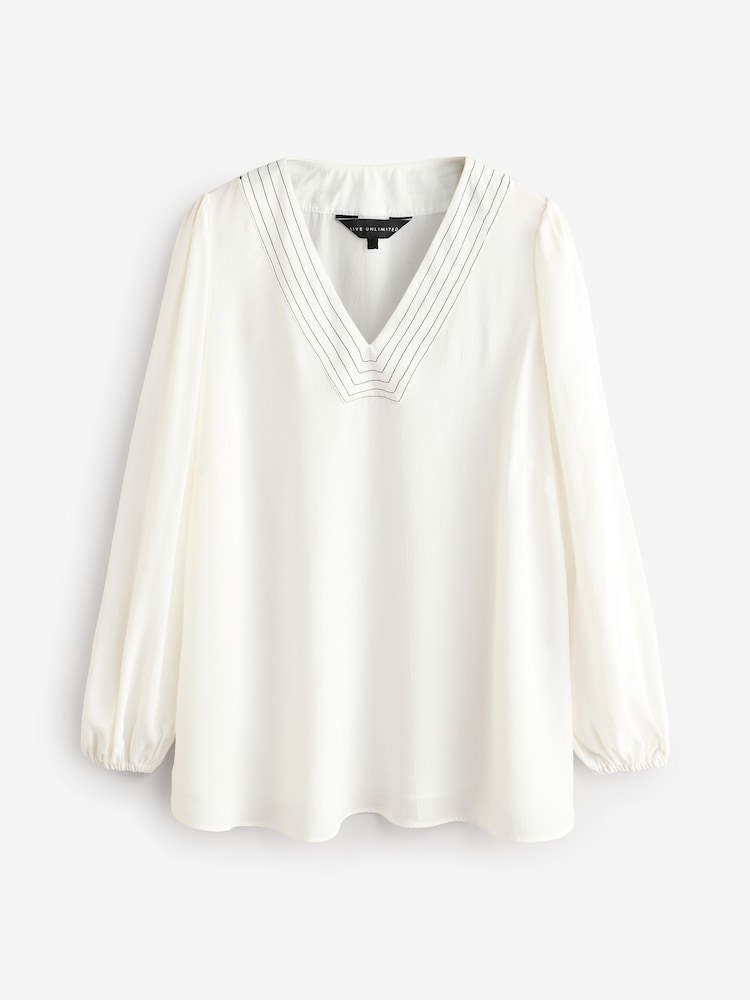 Live Unlimited White Curve V-Neck Contrast Stitch Blouse - Image 4 of 4