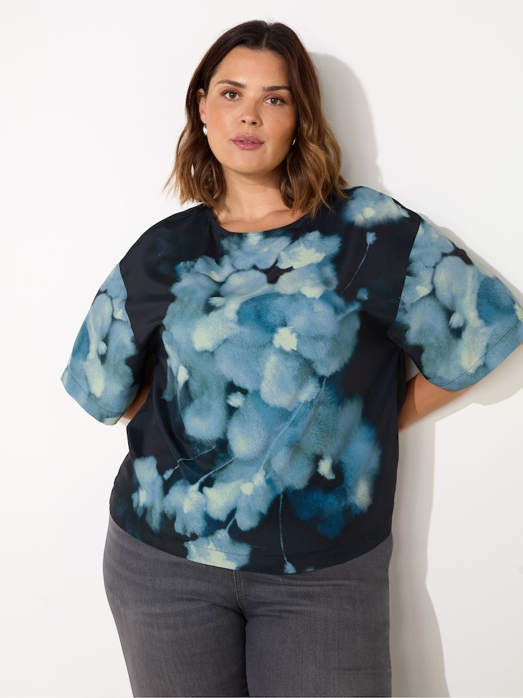 Live Unlimited Blue Curve Floral Print Woven Elevated T-Shirt - Image 1 of 4