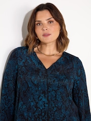 Live Unlimited Blue Curve Snake Effect Print V-Neck Blouse - Image 2 of 5