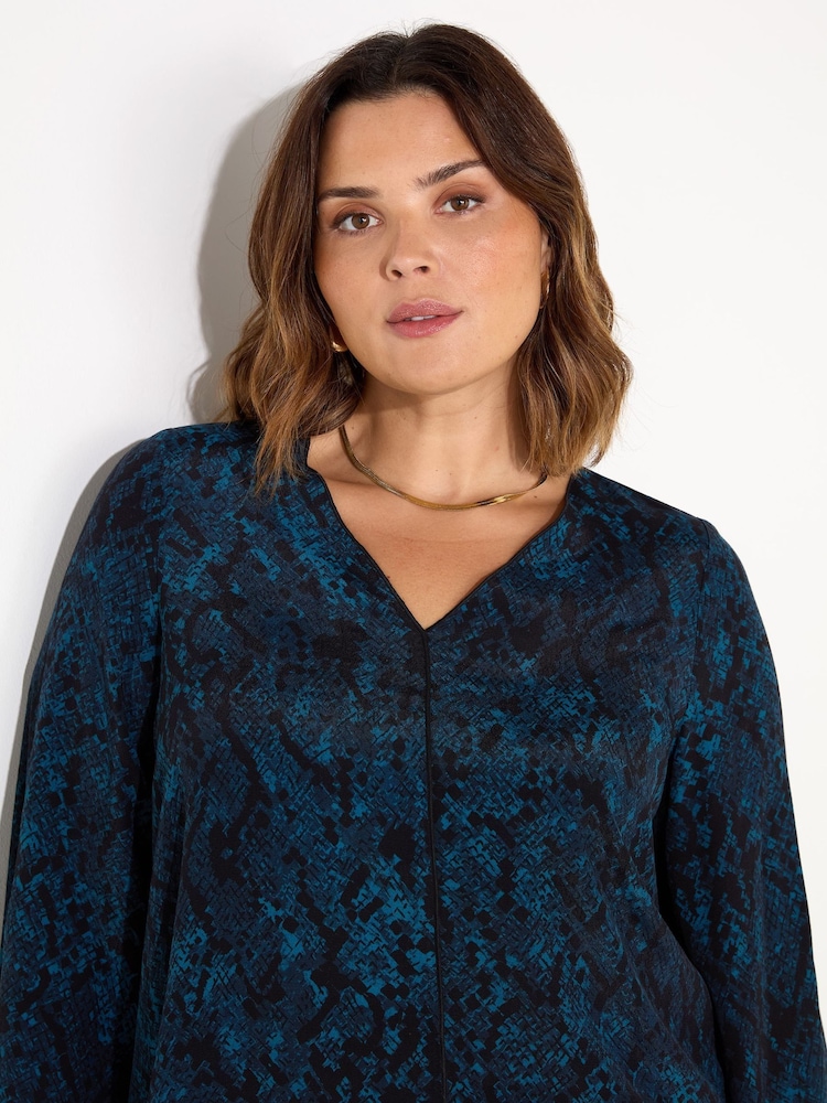 Live Unlimited Blue Curve Snake Effect Print V-Neck Blouse - Image 2 of 5