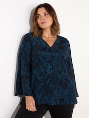 Live Unlimited Blue Curve Snake Effect Print V-Neck Blouse - Image 3 of 5