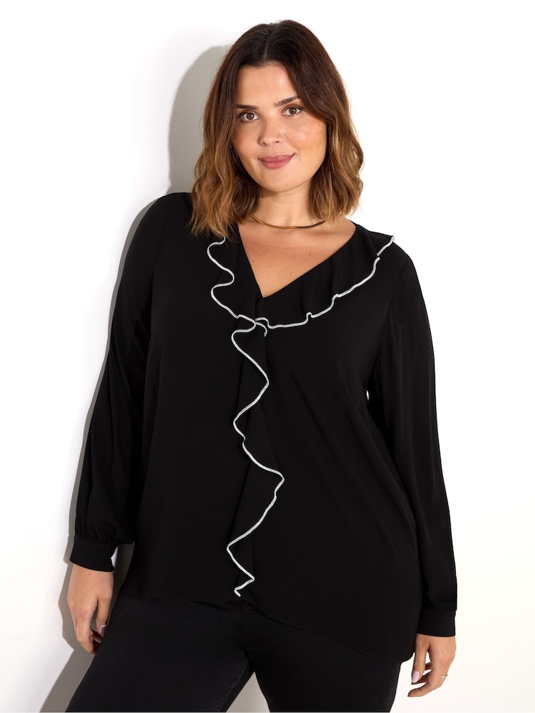 Live Unlimited Black Curve Ruffle Top With Contrast Stitching - Image 1 of 5