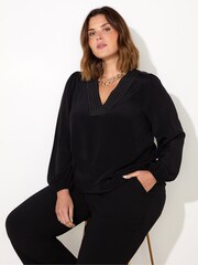 Live Unlimited Black Curve V-Neck Contrast Stitch Blouse - Image 2 of 5