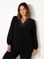 Live Unlimited Black Curve V-Neck Contrast Stitch Blouse - Image 3 of 5