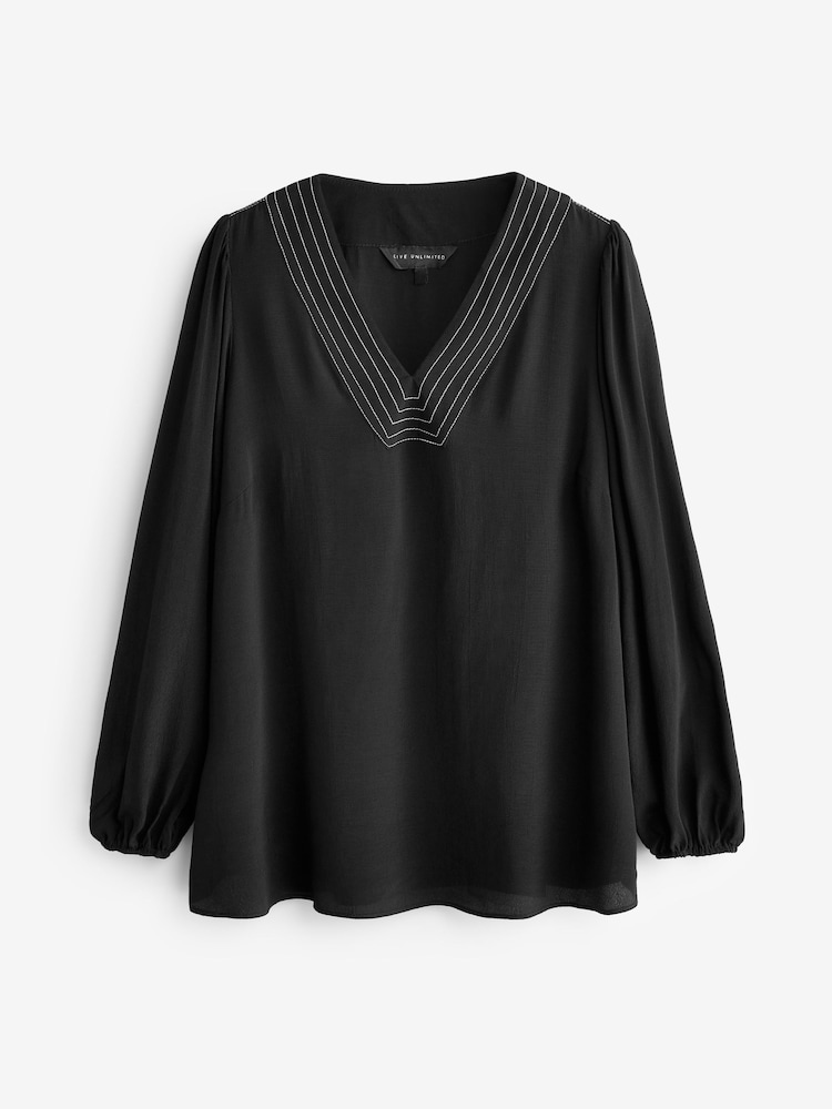 Live Unlimited Black Curve V-Neck Contrast Stitch Blouse - Image 5 of 5