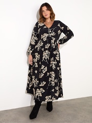 Live Unlimited Black Curve Floral Tie Front Midi Dress - Image 1 of 6