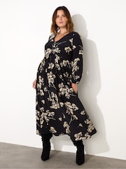 Live Unlimited Black Curve Floral Tie Front Midi Dress - Image 2 of 6
