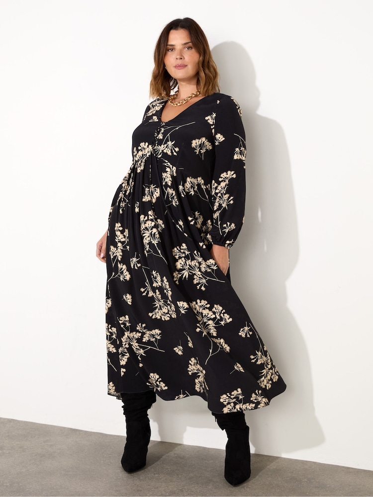 Live Unlimited Black Curve Floral Tie Front Midi Dress - Image 2 of 6