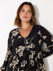 Live Unlimited Black Curve Floral Tie Front Midi Dress - Image 5 of 6