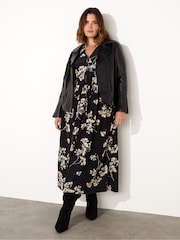 Live Unlimited Black Curve Floral Tie Front Midi Dress - Image 6 of 6