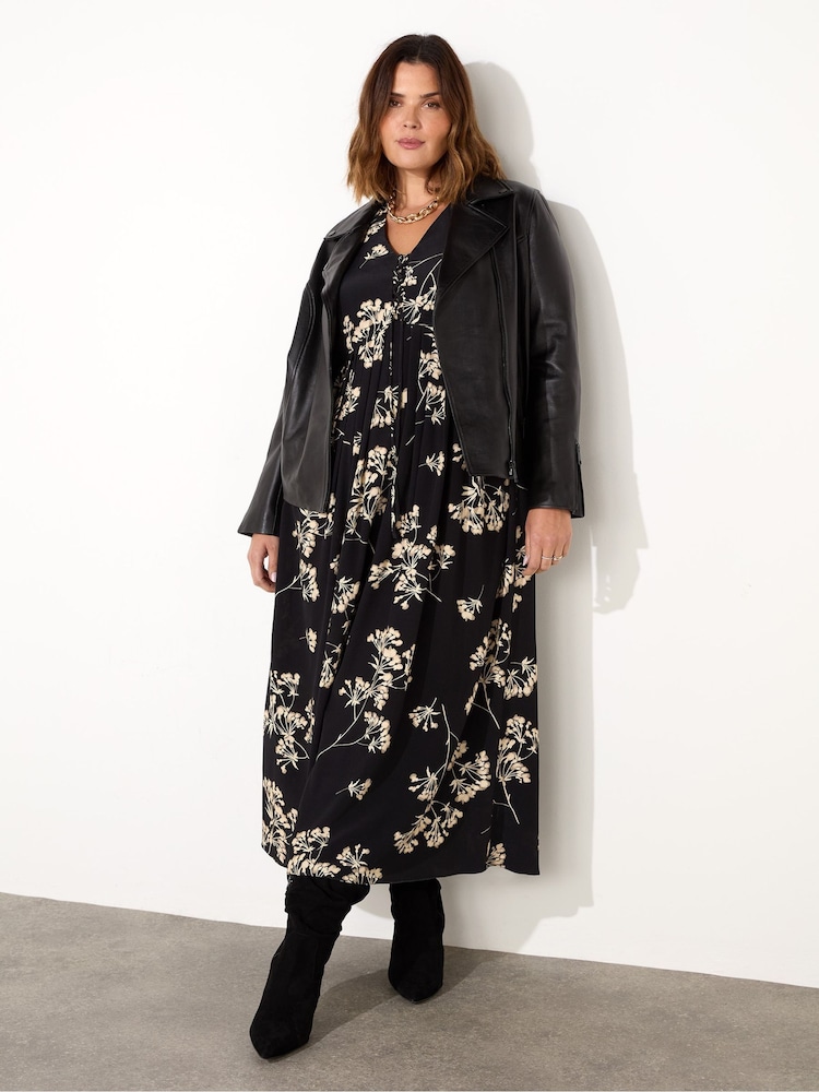 Live Unlimited Black Curve Floral Tie Front Midi Dress - Image 6 of 6