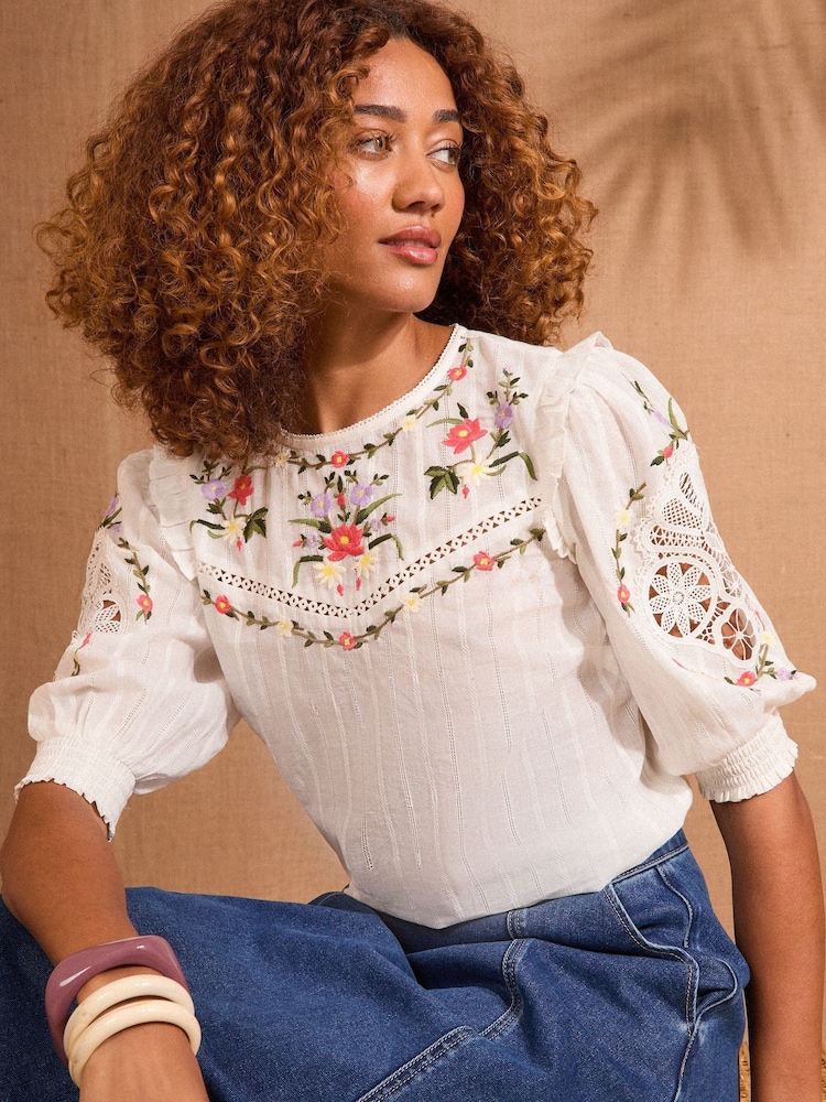 Love & Roses Ivory Petite Crew Neck Crochet Insert Embroidered 3/4 Sleeve Blouse - Image 1 of 4