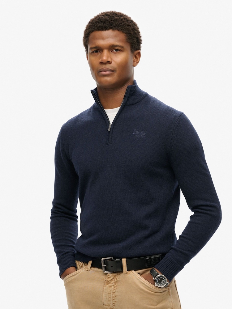 Superdry Blue Essential Embroidered Knitted Quarter Zip Jumper - Image 1 of 3