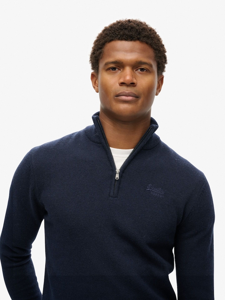 Superdry Blue Essential Embroidered Knitted Quarter Zip Jumper - Image 3 of 3