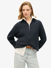 Superdry Blue Knitted Rugby Henley 100% Cotton Jumper - Image 1 of 4
