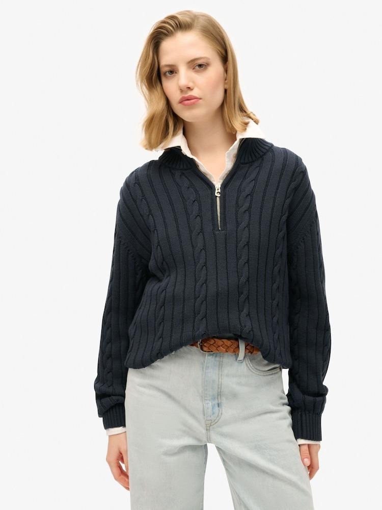 Superdry Blue Knitted Rugby Henley 100% Cotton Jumper - Image 2 of 4