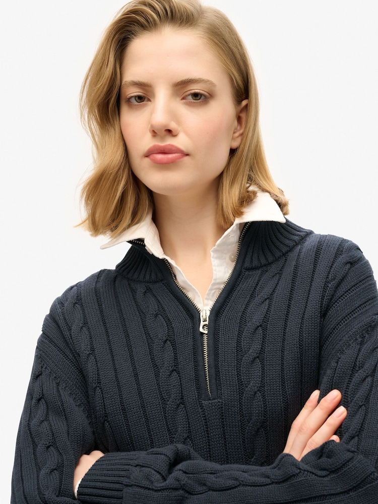 Superdry Blue Knitted Rugby Henley 100% Cotton Jumper - Image 4 of 4